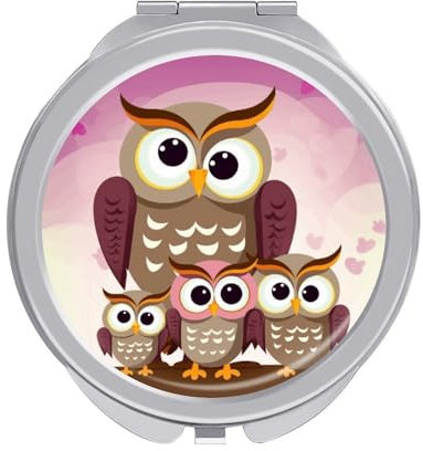 NWGHM Reisespiegel Eulen Familie Make-up Spiegel Doppelseitiger Kompaktspiegel Tragbar 1x/2x Vergrößerungsspiegel Metall Taschenspiegel für Geldbörse Tasche Reise Geschenk 6,1 cm