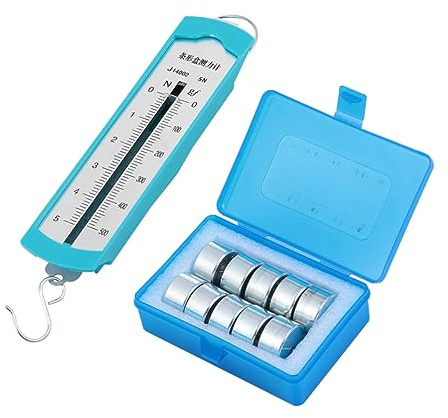 Dinamometro a Molla Alta Precisione 5 Newton 11 Pezzi Blu | Set Portatile, Plastica e Metallo, 10 Pesi a Gancio, per Aula e Lezioni di Fisica