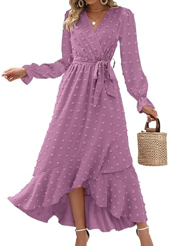 IFFEI Abito da donna, a maniche lunghe, con scollo a V, elegante, con cintura in vita, con volant, per la primavera e l'estate, per il tempo libero, Lilla, S