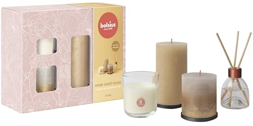 Bolsius Rustik Stumpenkerzen mit Duftstäbchen und Duftkerze - 4 Stück - Home Sweet Home - Vanille - Länge Brenndauer - Enthält Natürliches Pflanzenwachs - Muttertag