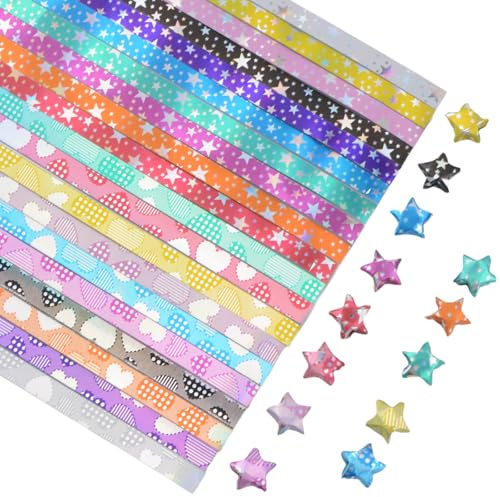 URROMA 540 strisce di carta con stelle e cuori e stelle per origami e stelle, stampa colorata glitterata, stelle fortunate, strisce di carta per fai da te, artigianato, insegnamento scolastico