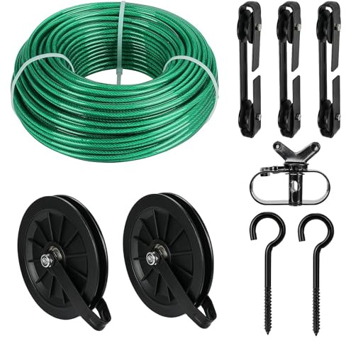 fshihine Outdoor Clothesline Kit, 150ft Green PVC Coated Galvanized Clothes Line Pulley Kit with 6.3 Clothesline Pulley, M8 Metal Hooks, 3Pcs Separator, Outdoor Clothes Line Heavy Duty