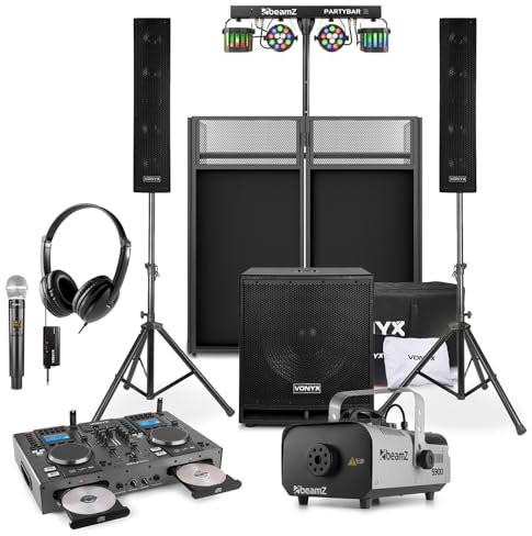 Vonyx VX880BT Complete DJ Setup with CD Deck, Mobile Booth, PartyBar2 Light, Bluetooth Speaker System, Wireless Microphone, Headphones & S900 Smoke Machine