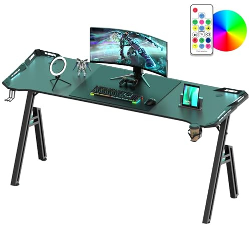 Scrivania Gaming LED 160x60, Tavolo Gaming Computer Ergonomica con Ganci per Cuffie e Porta Bicchiere, Tavolo da Computer Fibra di Carbonio, Scrivania per Computer, Telaio A Stabile, Facile da Montare