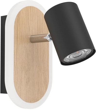 EGLO LED Wandleuchte innen Rimbocchi, ovale Wandlampe mit schwenkbarem Spot | Wandspot aus Metall in Schwarz und Holz-Optik, Wandstrahler warmweiß