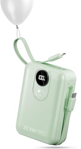 Power Bank 20000mAh con Cavi Integrati: Batteria Esterna a ricarica rapida da 22.5W per telefono cellulare,Pacco Batteria USB C (ingresso e uscita),Caricatore Portatile con 4 uscite e 2 ingressi-Verde