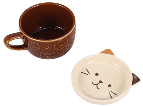 Wadakada Kreative Keramik Kaffee Tassen mit Deckel, SüßE Katze, Porzellan Tassen, Familie, FrüHstüCk, Milch, Saft, GeträNke ()