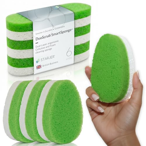 Washing Up Sponge Non Scratch SmartSponge Dual-Layer eco Cellulose & Heavy Duty thick Green Scrub Foam. Ergonomic Shape, Kitchen Dish window Pots & Pans Cleaning Scourers Quick-Dry Odourless pads. 6PC