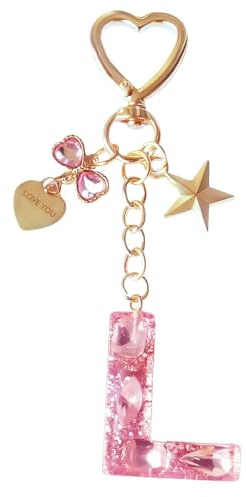 Porte-CléS Lettre Rose Porte-Clés Lettre Initiale Avec Lettres Pour Filles Femmes Keyring Avec Pendentif Amour Et Pampille Cadeau Pour Femme BaptêMe Communion Anniversaire Noël (L)