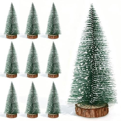 Druuzyl 10 Pezzi Mini Albero di Natale con Base in Legno - Set Decorazioni per Tavolo/Casa, Micro Paesaggio in PVC per Festività, Ideale per Centrotavola e Stanza (15cm)