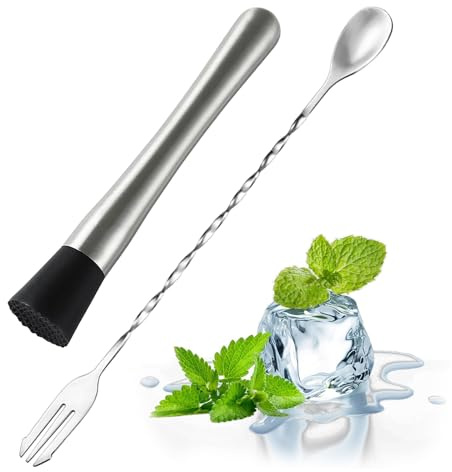 Stainless Steel Cocktail Muddler,2 PCS Stainless Steel Dual-Ended Cocktail Muddler and Spoon Essential Bar Tool Set for Cocktail Making Kit to Create Mojitos Old Fashioned and Fruit-Based Drinks