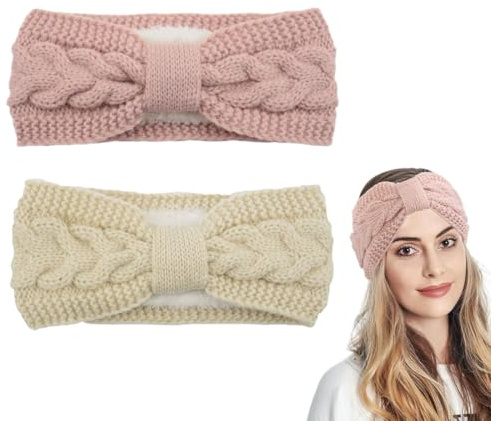 ZORVYN 2 pezzi Fascia per capelli donna inverno, elastiche, addensate, lavorate a maglia, fasce scalda orecchie, fascia orecchie per ragazza e bambina (Bianco+Rosa)
