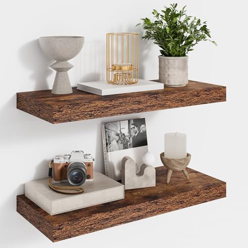 Feihorrm Floating Shelves, Wall Shelf Set of 2, 40cm Rustic Shelves, 16.5cm Deep Wall Shelf, MDF Wooden Shelving for Bathroom, Bedroom, Living Room and Kitchen, Vintage Brown, 40 x 16.5 x 3.1 cm