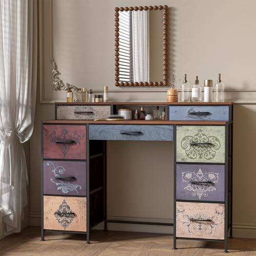 Tavolo da toeletta ad angolo vintage, Tavolo da toeletta in legno con ripiani aperti e 9 cassetti, scrivania con cassetto e deposito in stile industriale, tavolo da trucco vintage, 121 x 40 x 91 cm