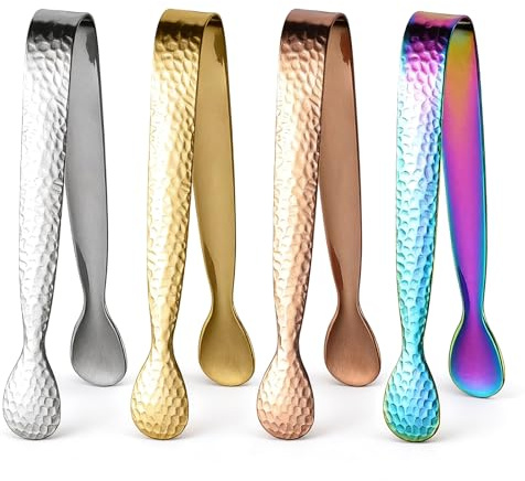 Small Ice Tongs Sugar Tongs - Ice Tongs, Mini Tongs, Sweet Tongs,304 Stainless Steel,Hammer Textured Non-Slip Grip for Serving Ice Cubes & Sugar Cubes(4PCS Colorful)