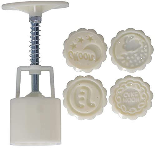 Hand Press Mooncake Mold Biscuits Mold Baking Tool Food Grade ABS Material BPA Free Adjustable Height for Kitchen Dessert Making with 4 Round Stamps (Flying to The Moon)