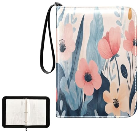 Ttgoth Raccoglitore per carte collezionabili con 4 tasche per 400 carte, motivo floreale ad acquerello, con cerniera, con 50 maniche rimovibili, in pelle PU, album da collezione per sport e carte da