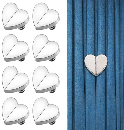 8 Paires Pince Rideau, Aimants Bouton de Rideau, Aimant Rideau, Aimant en Forme de Cœur, Aimant pour Rideaux, Attache Rideau, pour Chambre Salon Salle de Bain Cuisine (Argent, Cœur)