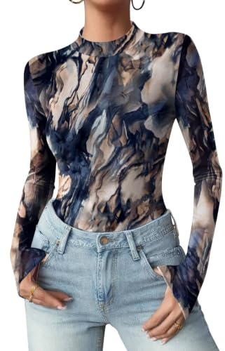 Zeagoo Haut Transparent Femme Tee Shirt Manche Longue Sexy Top en Maille | Blouse Elegant Mesh Tops col Montant Chemisier XS-XXL