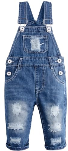 KIDSCOOL Salopette Jeans Bambino Unisex Strappata Estate Primavera | Salopette denim unisex per neonati, stile strappato e usurato, outfit estivo e primaverile con tasche.