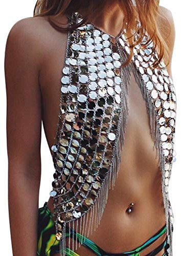 Lisli Damen Körperkette Körperschmuck Harness Halskette Sexy Bikini Body Kette Crossover BH Kette Strand Brustkette Schmuck mit Pailletten