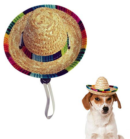 Dog Sombrero Hat, Mini Pet Dogs Cat Straw Hat Adjustable Colorful Trim Beach Cap Mexican Style Hat for Small Pets (Elastic Band)