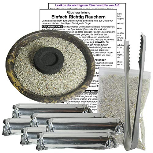 RÄUCHERSCHALE 10cm zum RÄUCHERN & AUSRÄUCHERN mit ZUBEHÖR für jedes RÄUCHERWERK & WEIHRAUCH. 10-tlg Räucher SET. Schale + Zange + Räucherkohle + ZUBEHÖR mit Lexikon der Räucherstoffe. 81593-B10