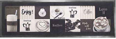 Primaflor Küchenläufer - 50 x 150 cm, Enjoy Coffee, Rutschfester Küchenteppich, Hochwertiger Küchenvorleger, Moderner Teppich-Läufer für Flur