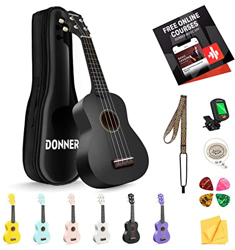 Donner Sopran Ukulele Kit für Anfänger - DMU-01 Macaron Series 21 Zoll Hawaii Gitarre Mit Mattem Finish (Dunkles Schwarz)