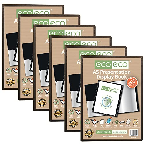 eco-eco A5 Size 50% Recycled 20 Pocket Black Presentation Display Book, Storage Case Portfolio Art Folder with Plastic Sleeves, eco001x6, (Pack of 6 Books)