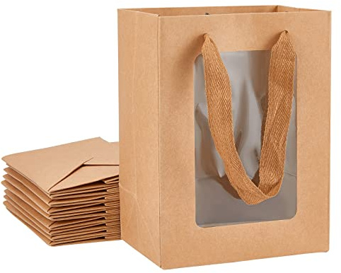 BENECREAT 10 Stück Kraftpapiertüte 20x15x10cm Geschenktüten mit klarem Fenster zum Schmuck Speicher Display, Hochzeit, Valentinstag, Burly Wood
