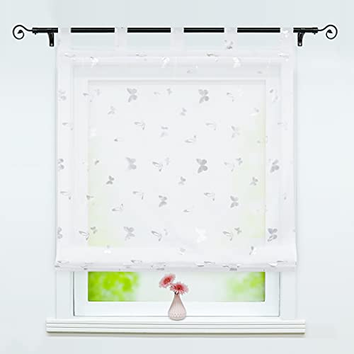 Delien Raffrollo mit Schlaufen Transparente Raffgardine Kurz Vorhang Schlaufenrollo Modern Schals »Schmetterling« Küche Store Fenster Wohnzimmer Gardine 1 St. BxH 45x150cm,Silber