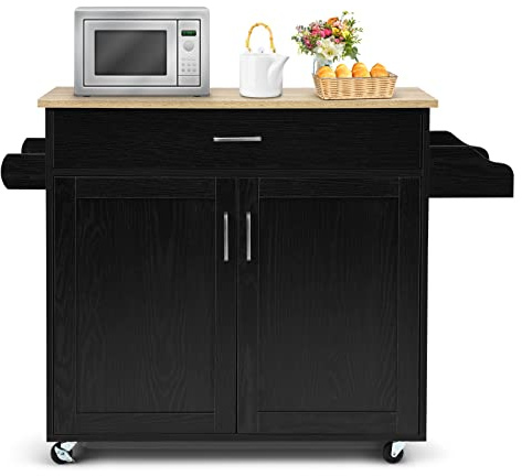 GYMAX Carrello Portata da Cucina, Armadietto a 2 Livelli, Ripiano Interno Regolabile, Credenze Mobili con Ruote, Ante Doppio, Cassetto, Portaposate, Portasciugamani, 116x40x85 cm, 5 Colori