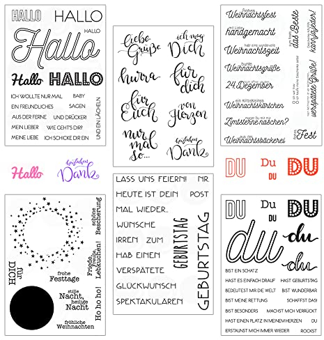 BYNYXI 6 Blätter Stempel Weihnachten Deutsch, Clear Stempel Texte Transparent Silikonstempel Sprüche Deutsch Blumen Glückwünsche für DIY Scrapbooking Fotoalbum Grußkarten Bullet Journal,11cmx16cm