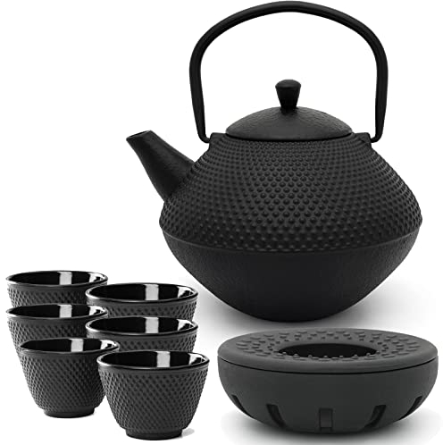 Bredemeijer Teekanne Set Gusseisen 1.0 Liter - mit Edelstahl Tee-Filter Sieb-Einsatz - 6 Teebecher (Tassen) & Stövchen - traditionelles 8-teiliges Teeset für losen Tee