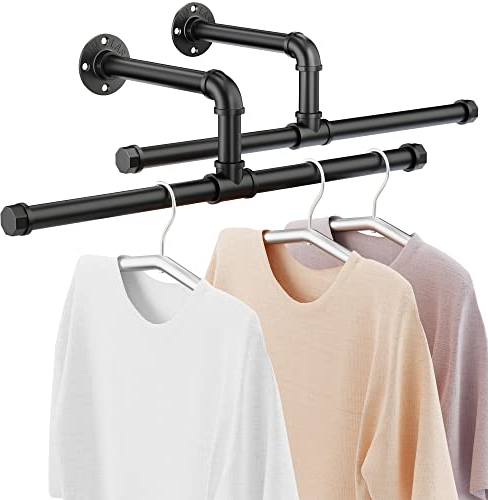 FANHAO Industrial Pipe Clothes Rail, Heavy Duty Rustic Detachable Wall Mounted Clothes Rack Black Iron Garment Bar, Multi-purpose Hanging Rod for Closet Storage, 2 Pack