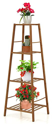 Étagère à plantes en bambou à 4 niveaux, support d'affichage de fleurs à échelle autoportante, support de rangement pour pot de fleurs d'angle intérieur extérieur pour salon entrée balcon terrasse bur