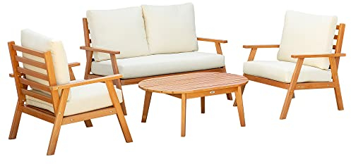 Outsunny 4-TLG. Gartenmöbel-Set, Balkonmöbel-Set mit Sitzkissen, Sitzgruppe mit Doppelsofa, 2 Sesseln, Couchtisch, Sitzgarnitur für Terrasse, Kiefernholz, Teak+Beige