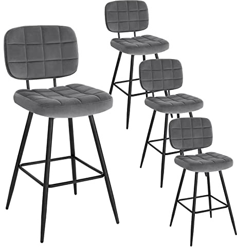EUGAD Barhocker 4er Set, Barstuhl, Küchenstuhl, Tresenhocker, Design Hocker, mit Rückenlehne Fußstütze, gut gepolstert, aus Samt Metall, Dunkelgrau 1043BY-4