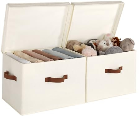 StorageWorks Fabric Storage Bins with Lid, Decorative Storage Boxes for Shelves, Stackable Closet Organizer Basket with Handles, Jumbo, Ivory White, 2-Pack