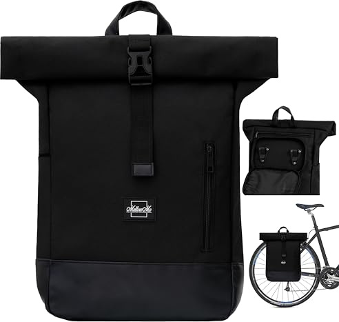 MellowMo 2-in1-Fahrradtaschen für Gepäckträger Damen & Herren Schwarz - Fahrrad Rucksack & Gepäckträgertasche Hinten (Laptopfach 16 Zoll) - Buiness & Fashion mit Rolltopfunktion - Wasserabweisend