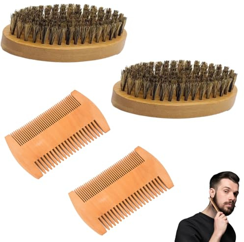 4 PCS Men's Hair Brush Boar Bristle Beard Brush Beard Combs for Men Hair Brush Men Mens Hair Brush Mens Hair Brush Set Wooden Beard Comb for Combing Beard Hair, Removing Debris, Massages Face