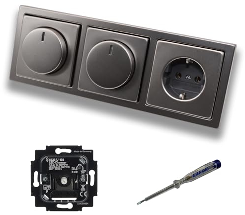 Busch Jäger 6523U-102 (2 x) LED Drehdimmer Dimmer + Dimmerscheiben 6540-866-102 und Steckdose mit Kinderschutz 20EUCKS-866 in PUR Edelstahl + EBROM Phasenprüfer z. Montage d. Geräte 6523 U – 102