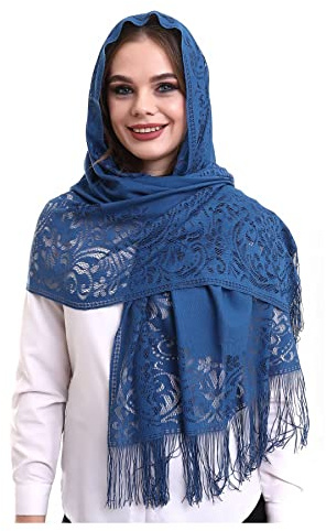 ihvan online, Transparente Schultertücher für Frauen, Weicher Tüllschal, Kopfbedeckung Kapelle Schleierschal aus Spitze für Massenhochzeit Brautjungfern, Blau