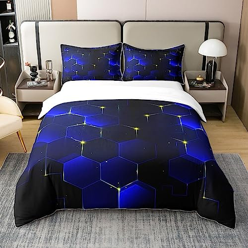 Loussiesd Blau und Schwarz Bettwäsche Set 100% Baumwolle 135x200cm Kinder Waben Bettbezug Set für Jungen Jugendliche Moderne Geometrie Hexagon Thema Betten Set Geometrische Bettwäsche Zimmer Dekor