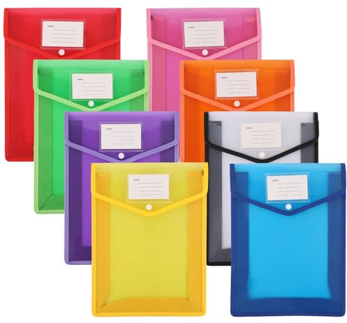 Dokumententasche A4, 8 Stück Dokumentenmappe A4 Sammelmappen mit Druckknopf Kunststoff Umschlag Mappe Wasserdicht Sichttasche Dokumenten mit Karte für Reise Büro Schule