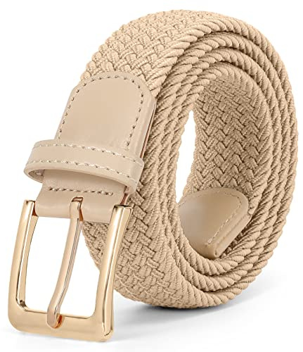 JASGOOD Braided Woven Elastic Stretch Belt for Men Women Web Casual Belt for Pants Jeans,Beige/Gold Buckle