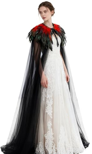 keland Capa de Tul Negro con Chal de Plumas Capa de Halloween Maleficent (Rojo)