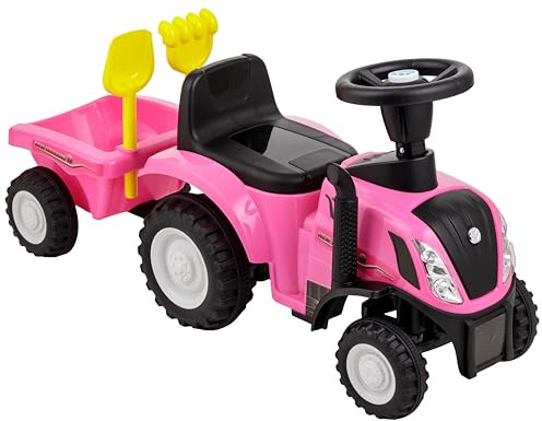 Baroni Toys Trattore Ride-On con Rimorchio per Bambini dai 12 a 36 mesi, Trattore con Clacson ad Aria, Volante Sterzante, Suoni e Fari Funzionanti, Paletta e Rastrello Inclusi, 29x91x44 cm, Rosa