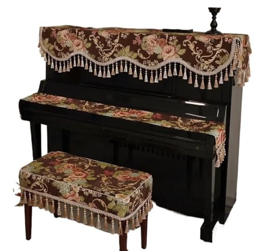 SUBLXPoten Klavierabdeckung Klavierbezug Jacquard Chenille Perlen Quaste Klavier Schutzhülle Vintage Blumenmuster Klavierhocker Bezug Stoff Handtuch(Color 02,Bench 56x36cm)